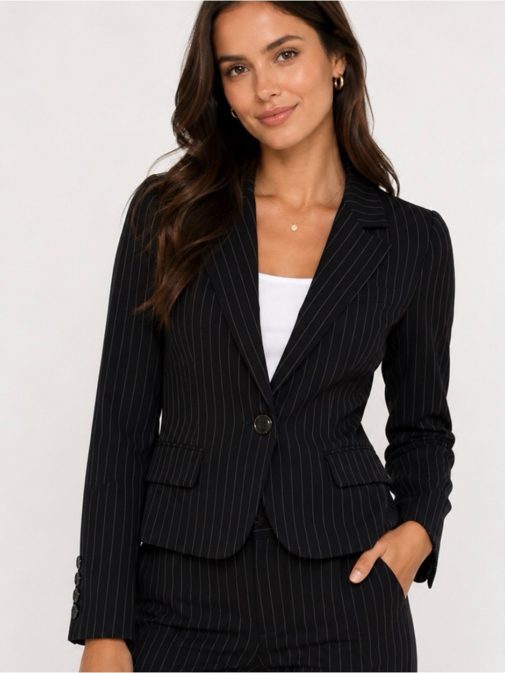 Star City Black/white Pinstripe Single-Button Blazer jacket SZ SM Career Job